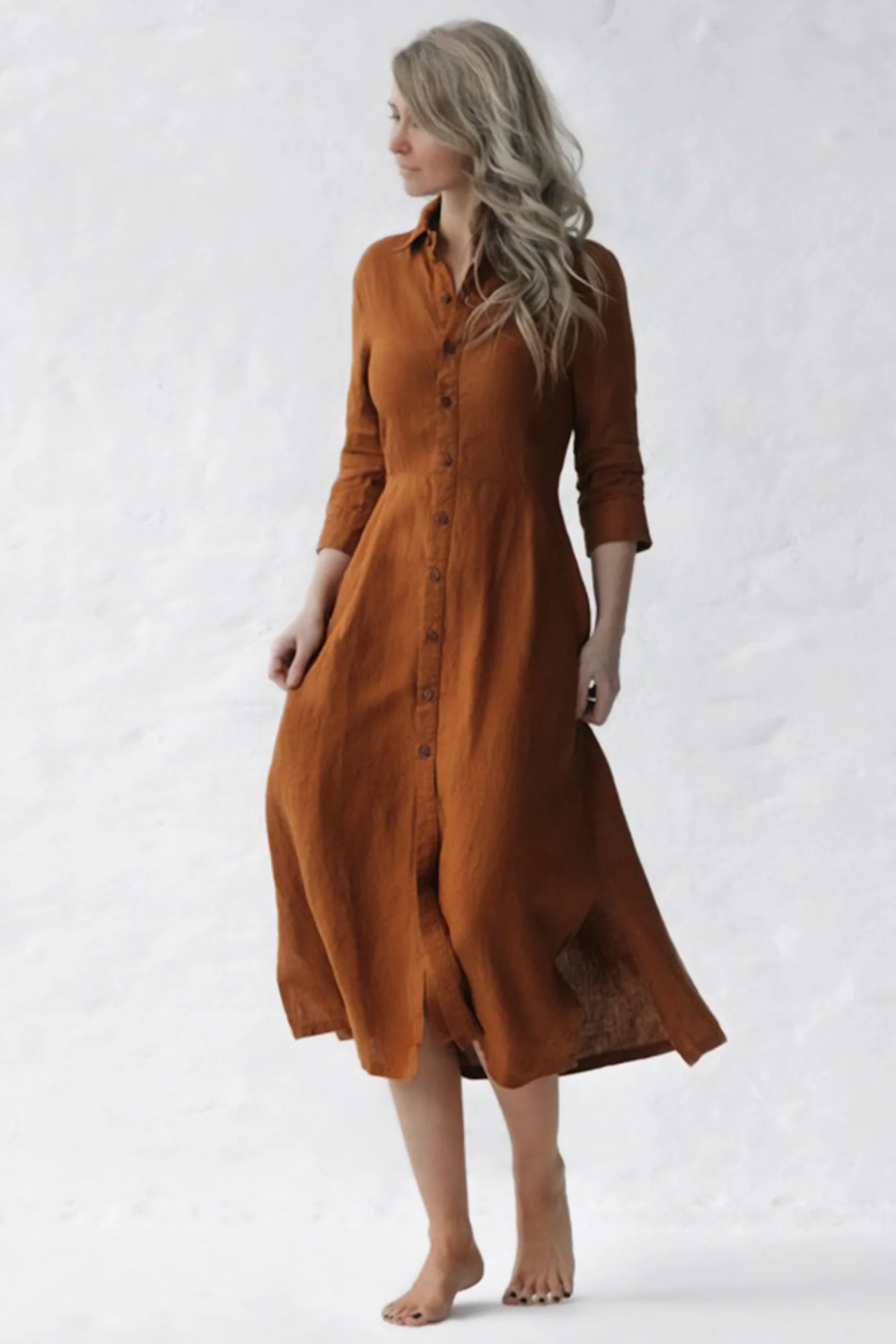 Linen Tailored Dress - Mustard - M